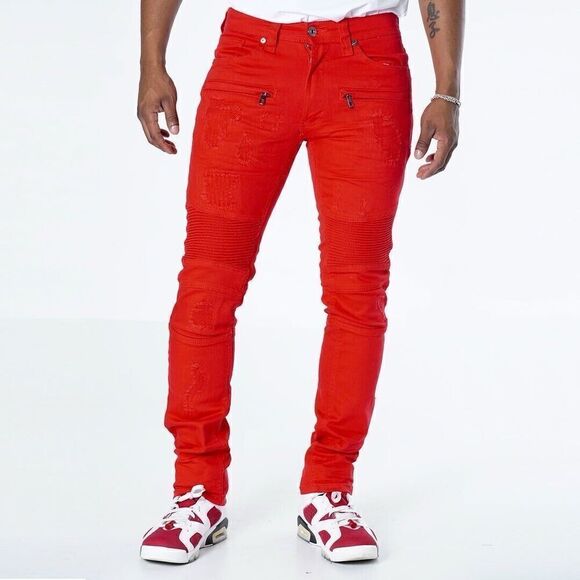 Makobi‎ Prado Biker Jeans Rip Repair Distressed Red Mens 36 X 32 - Picture 1 of 16